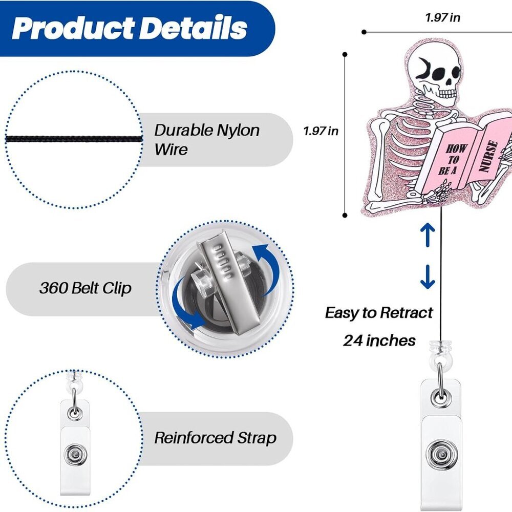 Funny Skeleton Nurse Badge Reel, How to BE A Nurse Fun Badge Holder with Retract - Picture 2 of 6